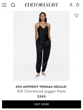 🌁 EUC: ATM; ANTHONY THOMAS MELLILO, 100% SILK CHARMEUSE JOGGER PANT, BLK/SML.